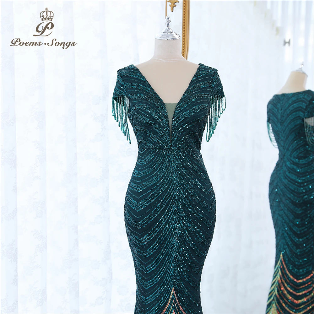 New green Short Sleeve Beaded style mermaid evening dresses vestidos formales vestidos de fiesta robe de soiree de mariage