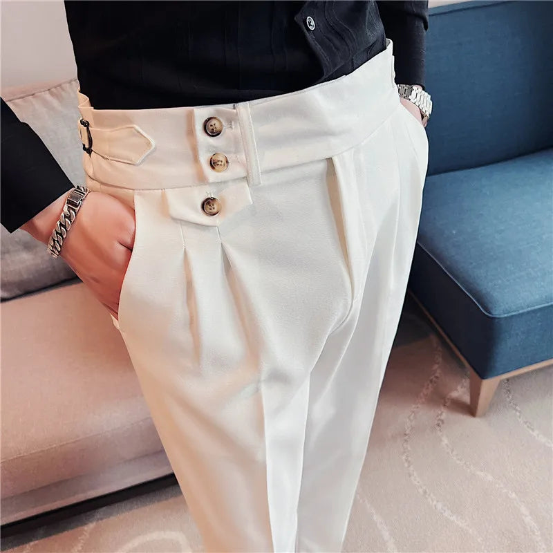 British Style Pants Men High Waist Belt Design Casual Slim Formal Office Dress Pant Men Social Wedding Party Dress Suit Trousers