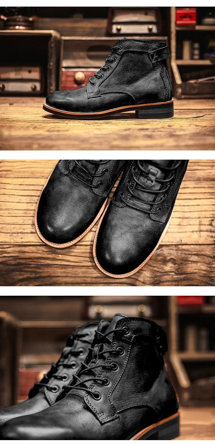 Motorcycle Boots American Casual Leather Shoes Men's UK Style Retro Work Shoes Men Big Head Lace Up Ankle Boot Plus Size Male