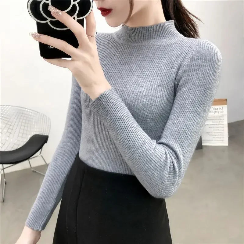 Red Knitted Sweater Women Pullovers Slim Fit Stand Collar Long Sleeve Spring Autumn Basic Sweaters Female Casual Stripes Tops