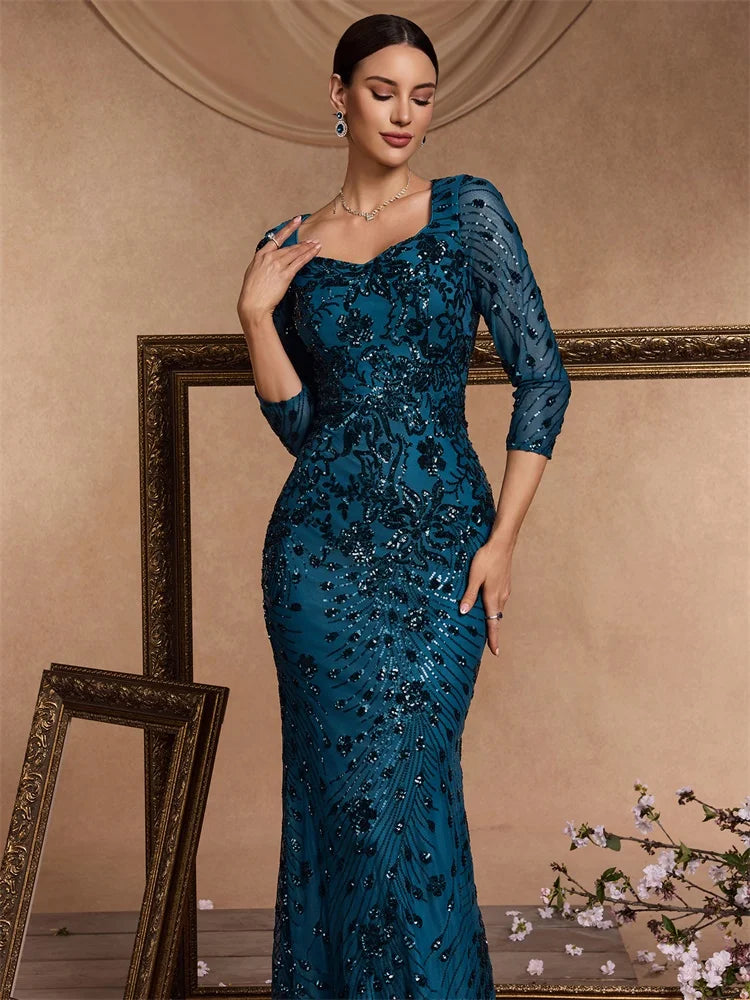 XUIBOL Luxury Blue Sequins Evening Dress Women 2024 Mermaid Formal V-neck Prom Elegant Long sleeve Wedding Party Cocktail Gowns