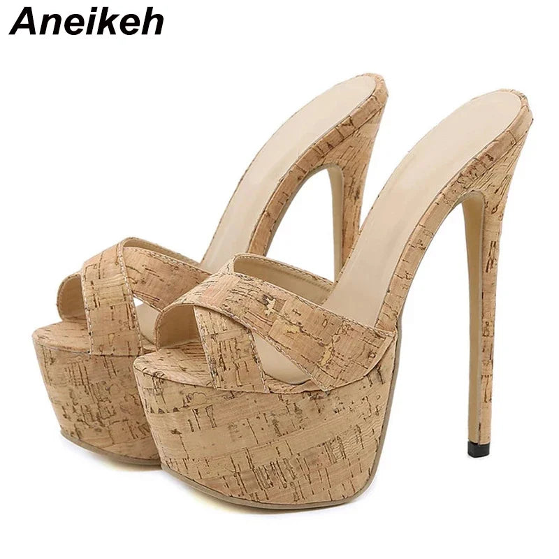 Aneikeh 2024 Summer Extreme Mules High Heels Women's Platform Sandals Shoes Ladies Slippers Slingback Peep-toe Slides Sandalias