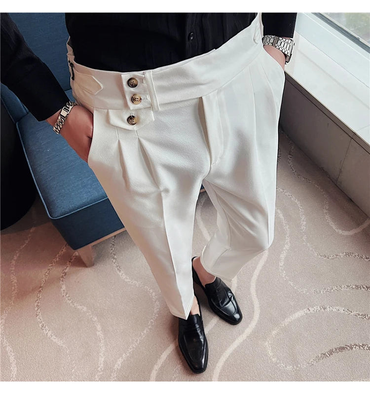 British Style Pants Men High Waist Belt Design Casual Slim Formal Office Dress Pant Men Social Wedding Party Dress Suit Trousers