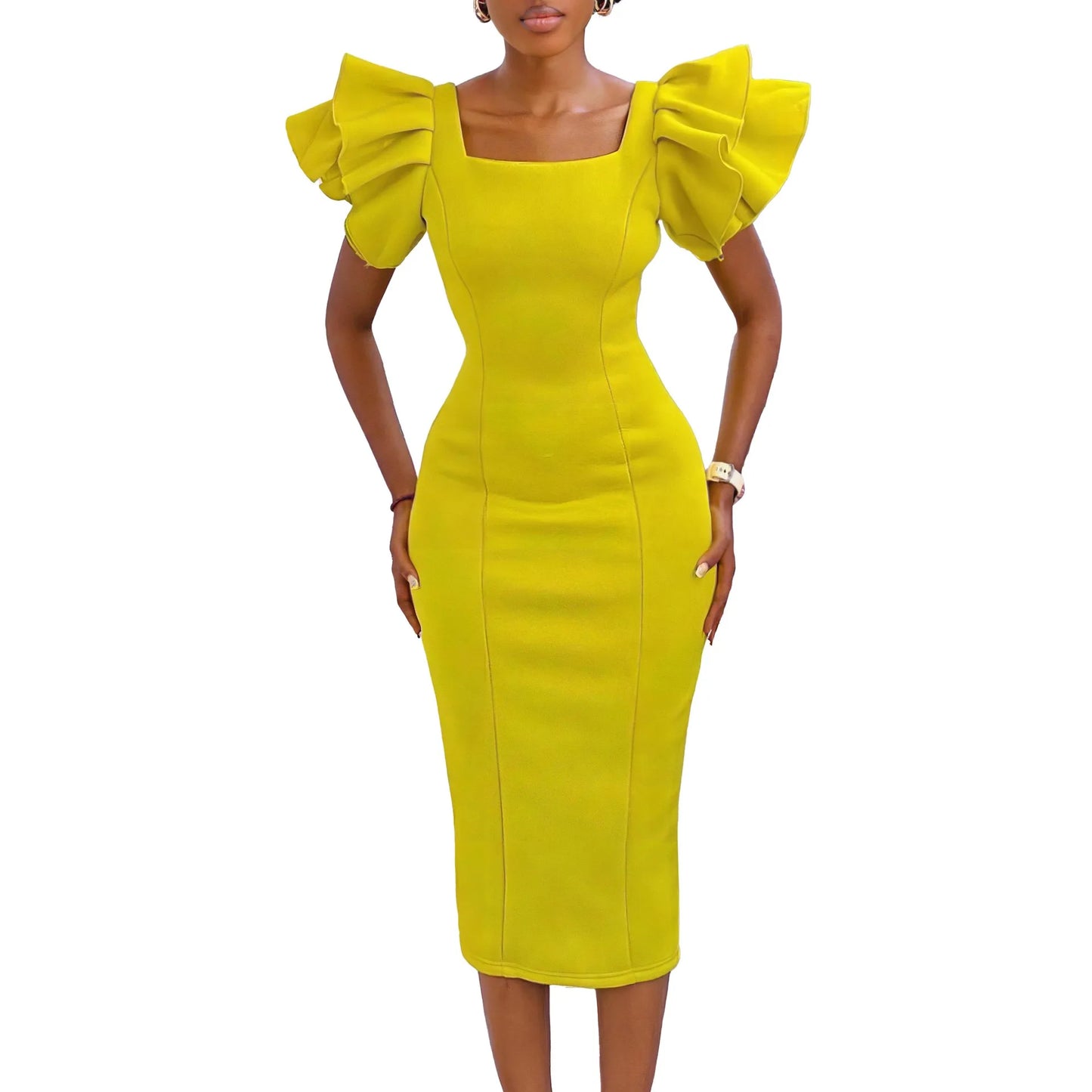 Elegant Bodycon Dresses for Women Square Neck Ruffles Sleeve Sheath Package Hips Mid Calf Professional Business Work Dress Midi