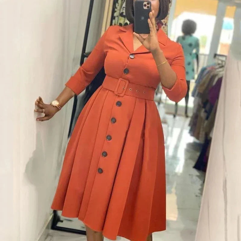 Office Dresses for Women Long Sleeve Button Down Notched Lapel Waist Belt A Line Midi Dresses Elegant Work Business Church Wear