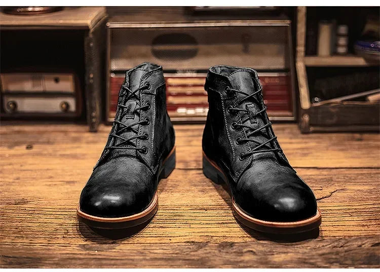 Motorcycle Boots American Casual Leather Shoes Men's UK Style Retro Work Shoes Men Big Head Lace Up Ankle Boot Plus Size Male