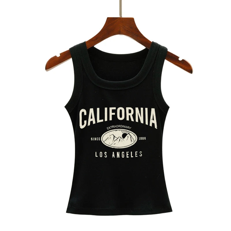 California Los Angeles Prints Tank Top Summer Women Sleeveless Tight Ribbed Female Cotton Knit Vest Straps Casual Street Clothes