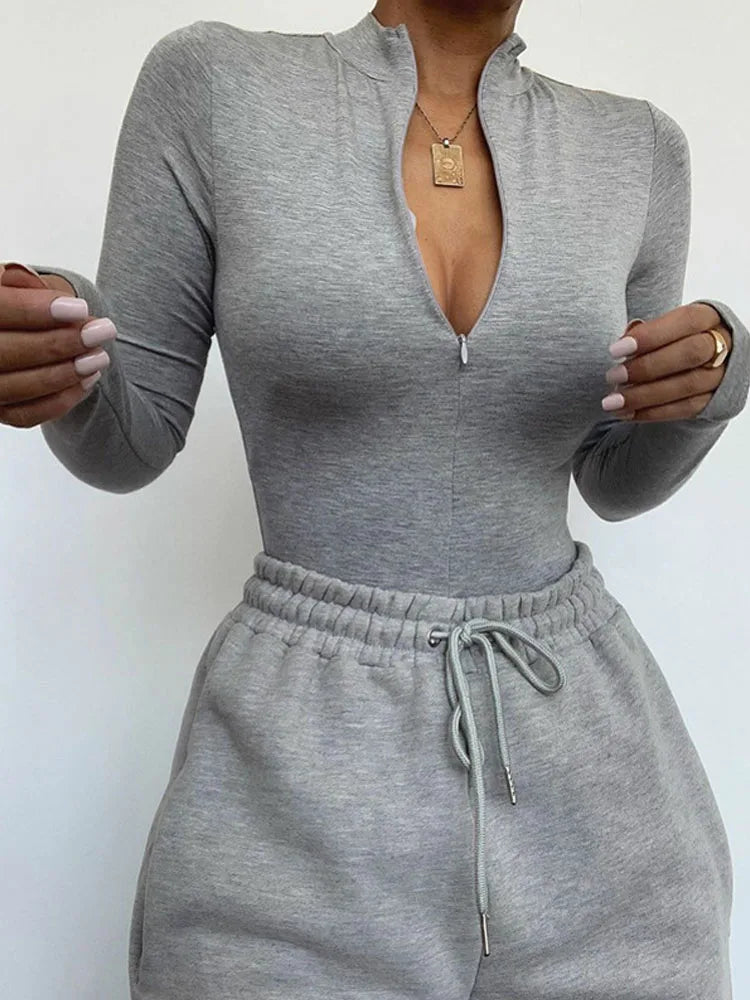 Solid Zipper Bodycon Bodysuits Women Sexy Mock Neck Autumn Long Sleeve Fashion Slim Basic Body Winter Gray Outfits Lady