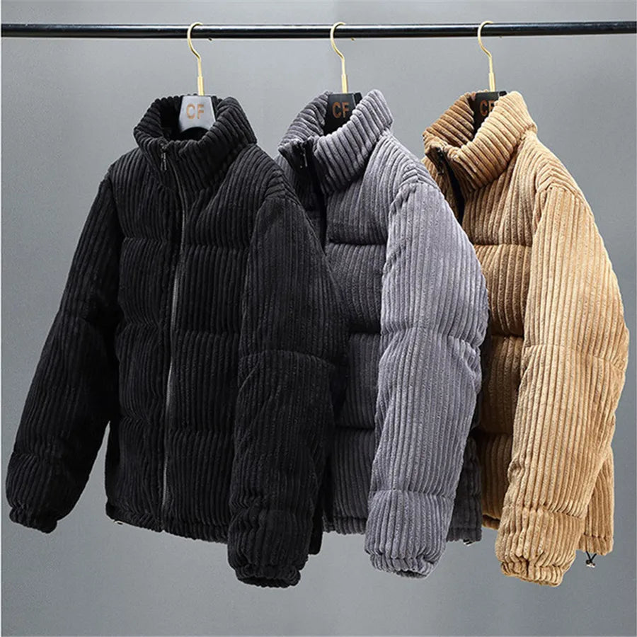 2025 New Men's Corduroy Parkas Thick Warm Cotton Padded Jackets Casual Stand Collar Solid Zipper Coats Man Winter Warm Outerwear