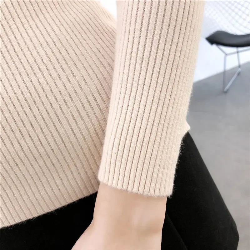 Red Knitted Sweater Women Pullovers Slim Fit Stand Collar Long Sleeve Spring Autumn Basic Sweaters Female Casual Stripes Tops