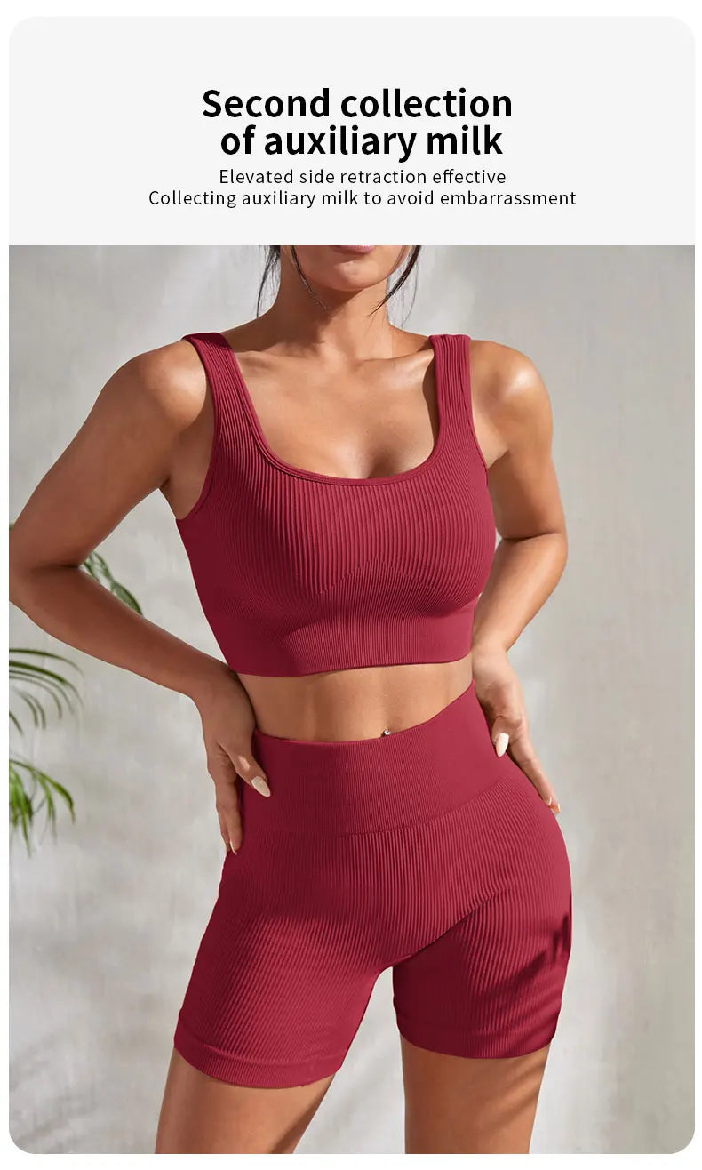 Seamless Ribbed Yoga Sets Workout Sets for Women 2 Pieces Gym Suits Ribbed Crop Tank High Waist Shorts Outfits Fitness Running