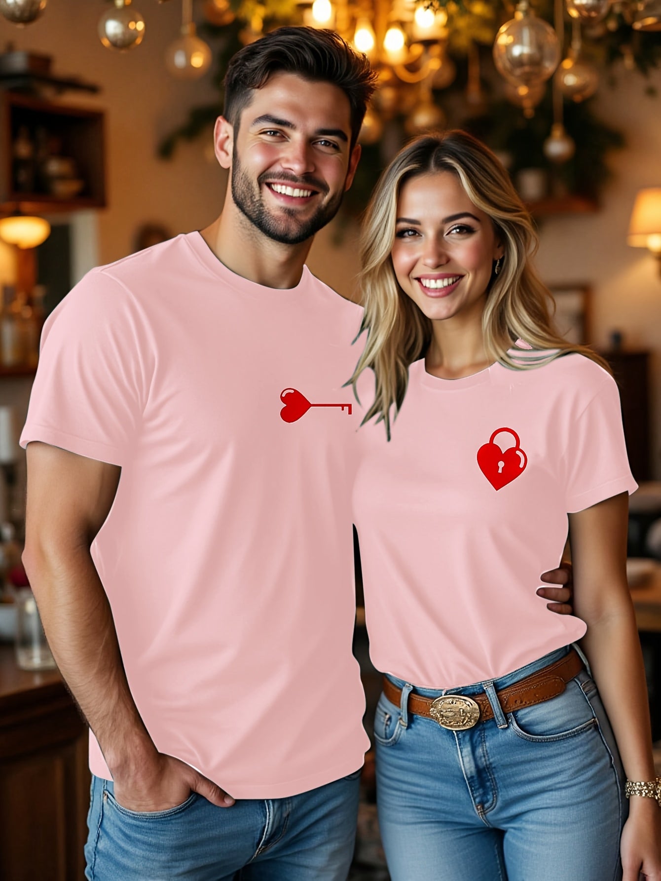 Valentine's Day Matching Couple T-Shirts - Casual Beige with Heart & Key Print, Short Sleeve, Polyester, Machine Washable, Valentine's Day Outfit