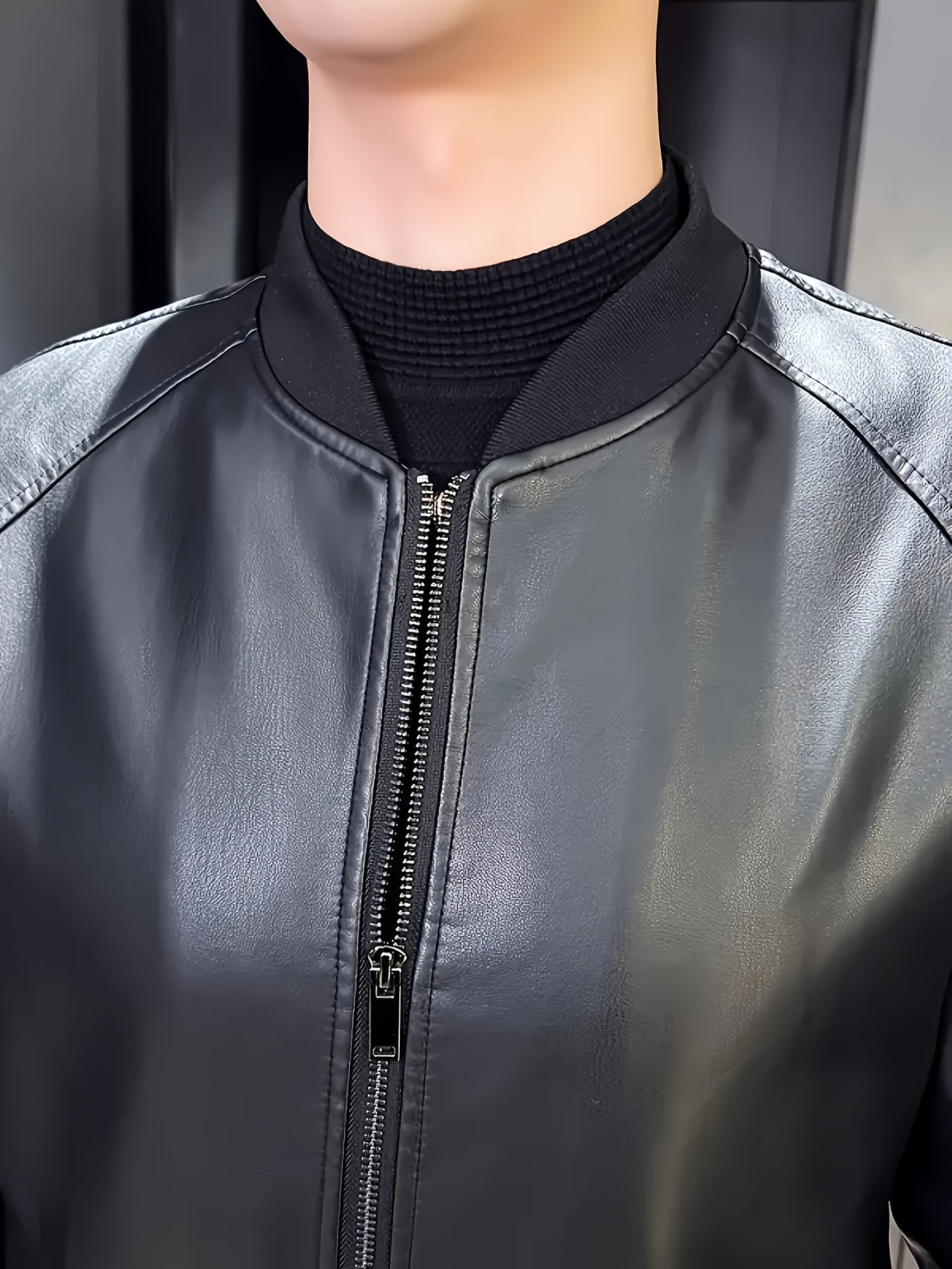 Men's Stylish Black PU Leather Jacket - Casual Zip-Up with Baseball Collar, Drop Shoulder Sleeves & Pockets, Machine Washable, Perfect for Casual Attire