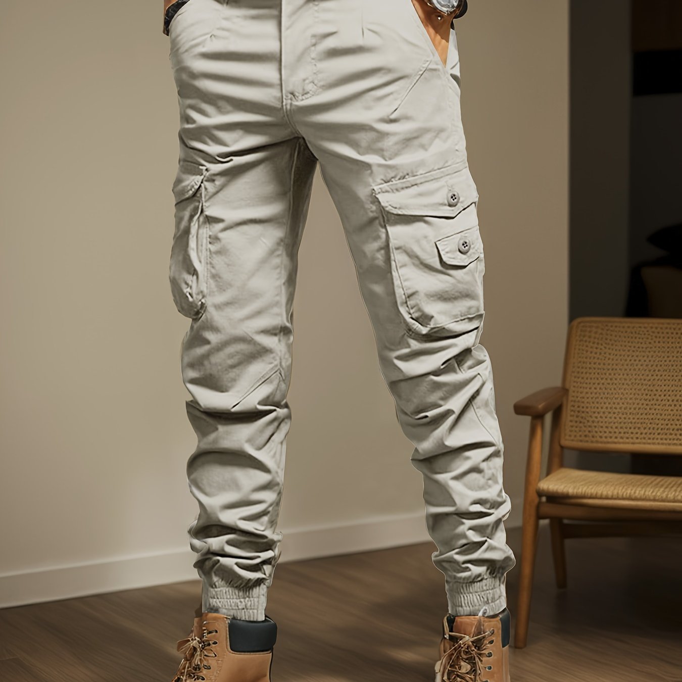 Men's Casual Cargo Pants with Side Flap Pockets - Durable Polyester, Elastic Waistband, Perfect for All Seasons