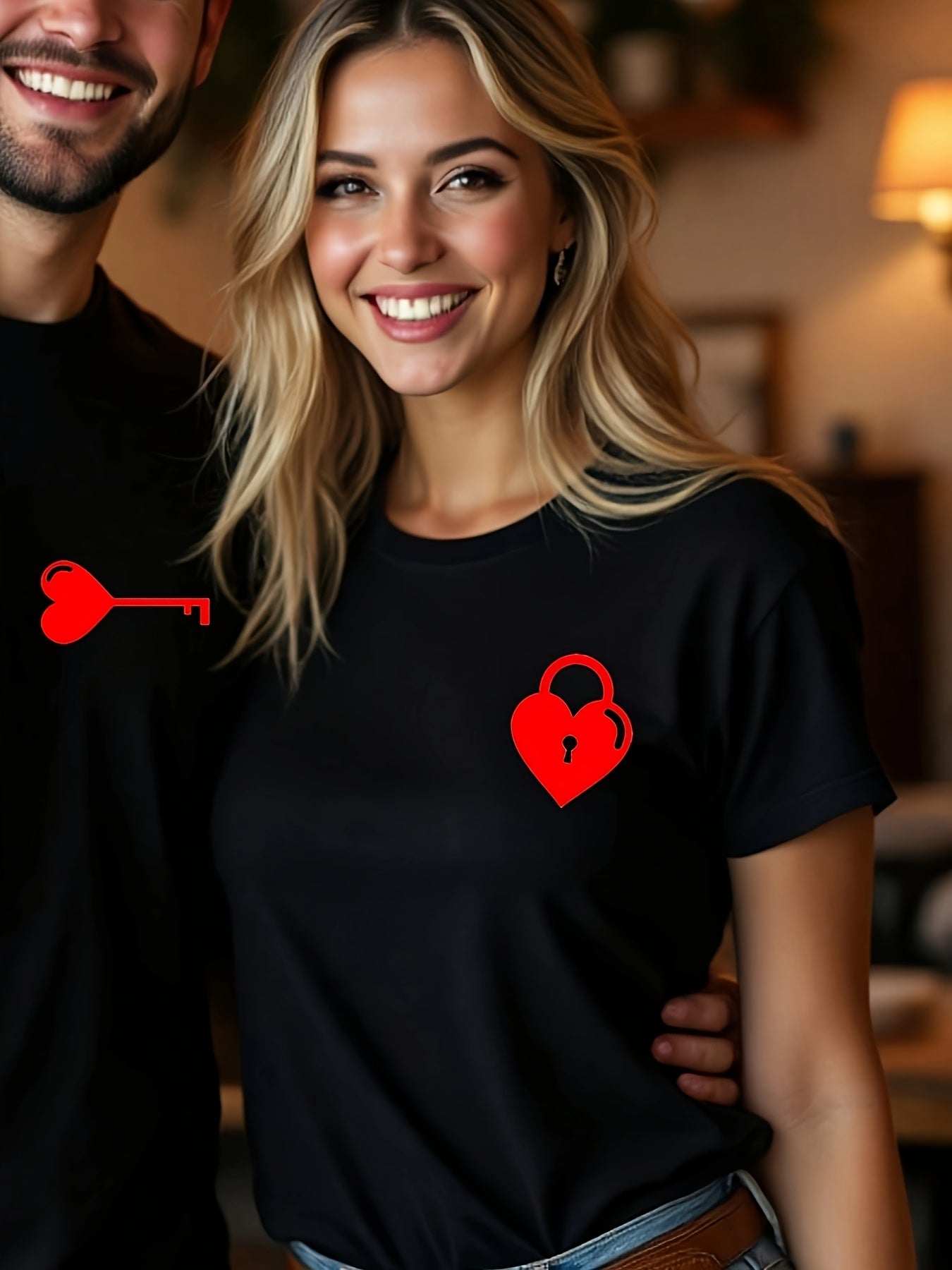 Valentine's Day Matching Couple T-Shirts - Casual Beige with Heart & Key Print, Short Sleeve, Polyester, Machine Washable, Valentine's Day Outfit