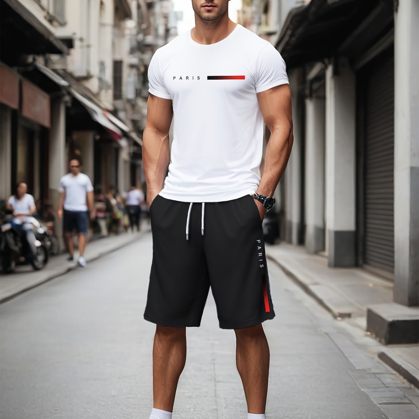 Men'S Summer Sports Workout Set - Crew Neck Short Sleeve T-Shirt & Shorts with "PARIS" Print, Striped Pattern, Knit Fabric, Slight Stretch, Polyester & Spandex Blend, Regular Fit