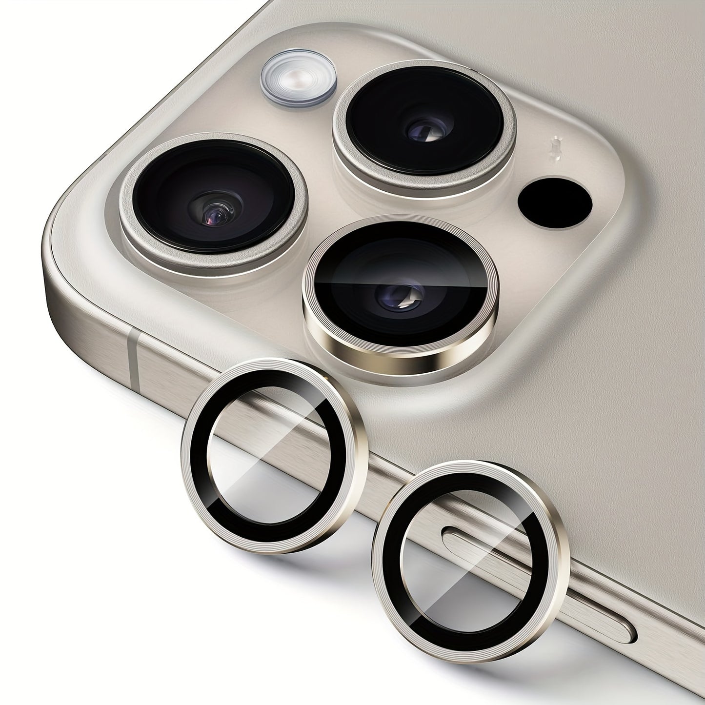 Set of 3 Natural Titanium Lens Protectors for Iphone 16, 15 Pro, 15 Pro Max, 15 Plus, 14 Pro, And 14 Plus, Featuring Tempered Glass Screen Protection And Metal Individual Camera Covers, Designed to Be Case-Friendly.