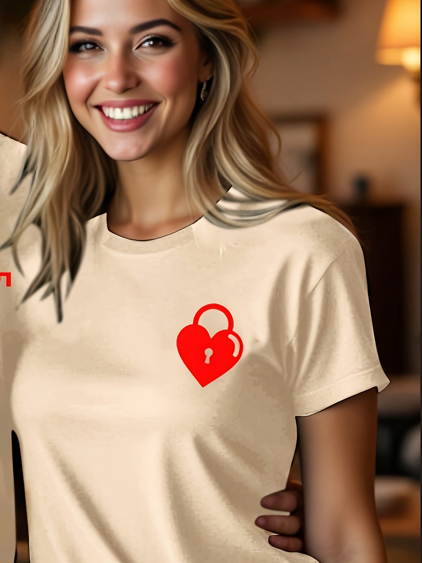 Valentine's Day Matching Couple T-Shirts - Casual Beige with Heart & Key Print, Short Sleeve, Polyester, Machine Washable, Valentine's Day Outfit