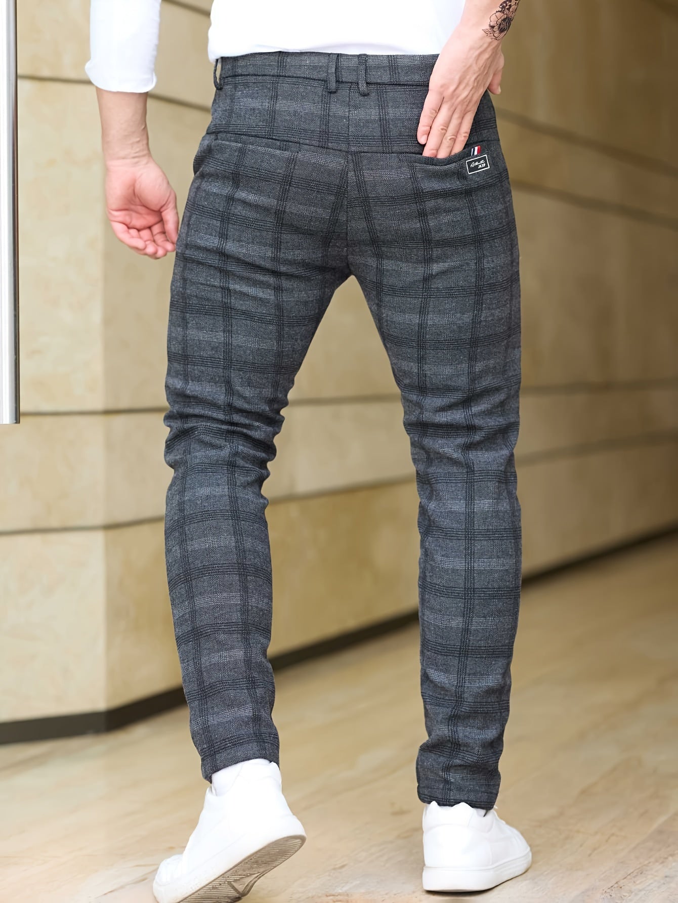 Men's Slim Fit Plaid Casual Pants, Lightweight Business Style, Comfortable Elastic Fabric, All-Season Wear