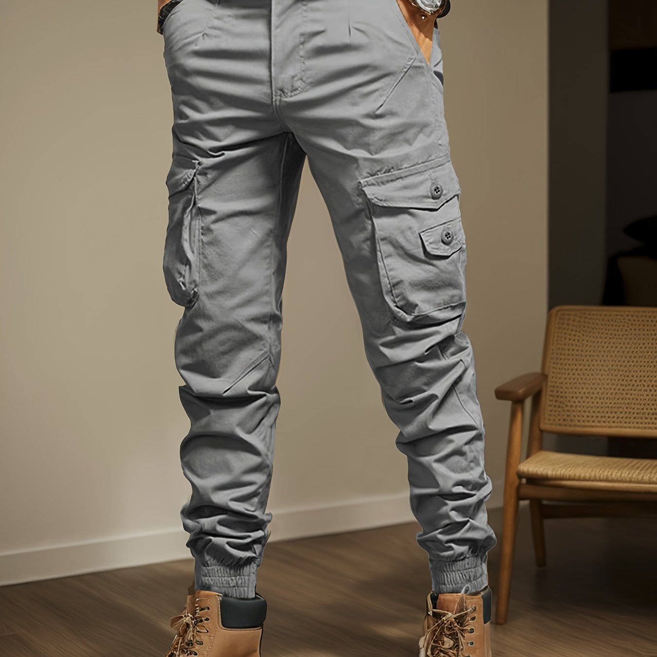 Men's Casual Cargo Pants with Side Flap Pockets - Durable Polyester, Elastic Waistband, Perfect for All Seasons