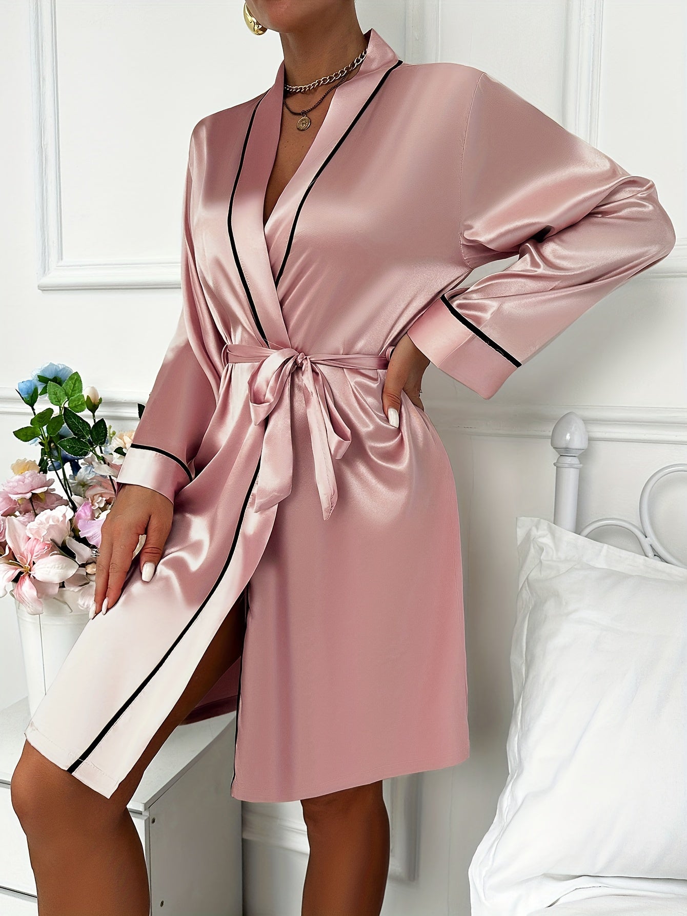 Women's Elegant Satin Robe with Contrast Piping, 100% Polyester V-Neck Belted Nightgown, Sexy All-Season Sleepwear, Woven Dressing Gown for Adults - Solid Color Lightweight Loungewear