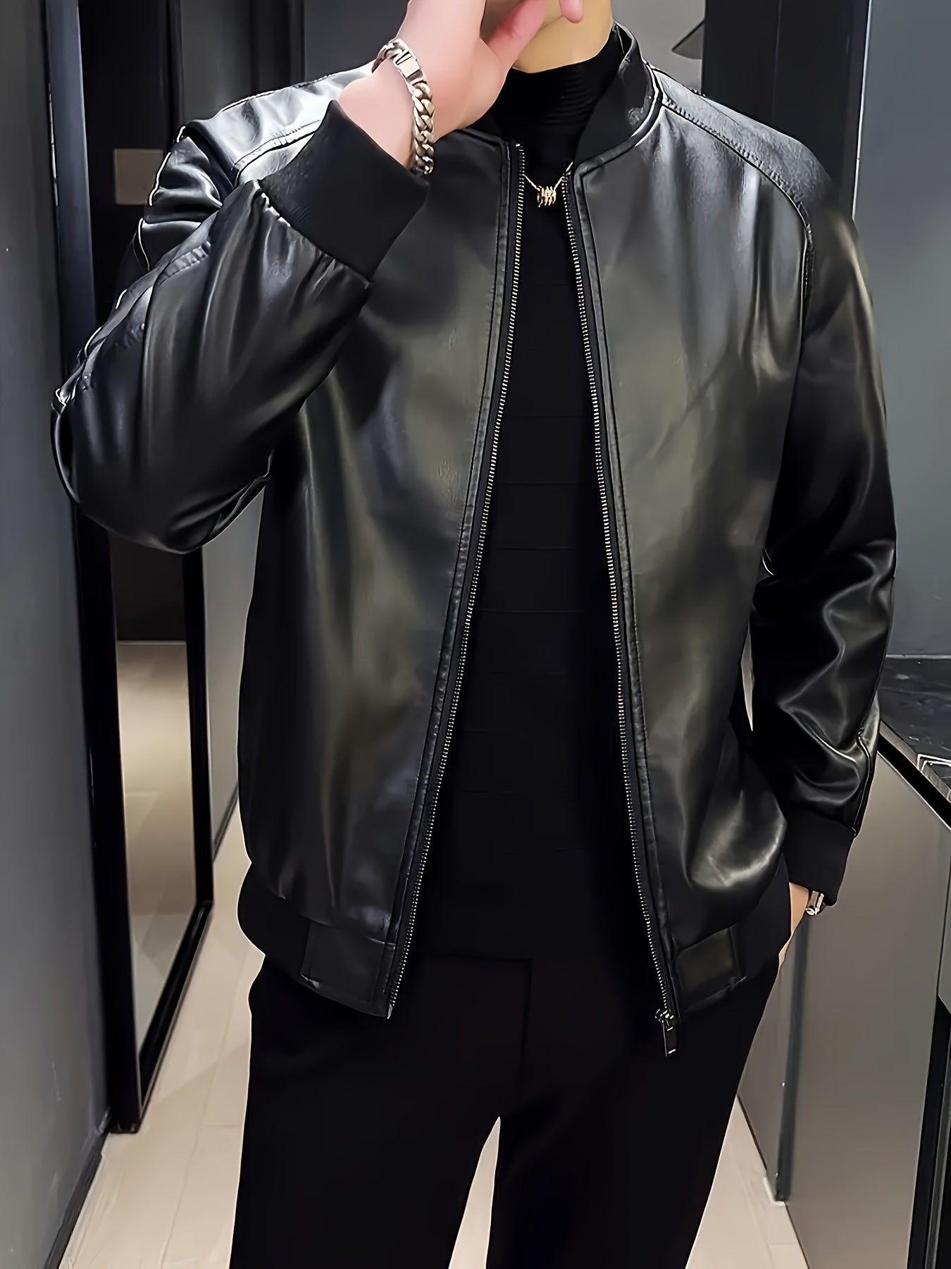 Men's Stylish Black PU Leather Jacket - Casual Zip-Up with Baseball Collar, Drop Shoulder Sleeves & Pockets, Machine Washable, Perfect for Casual Attire