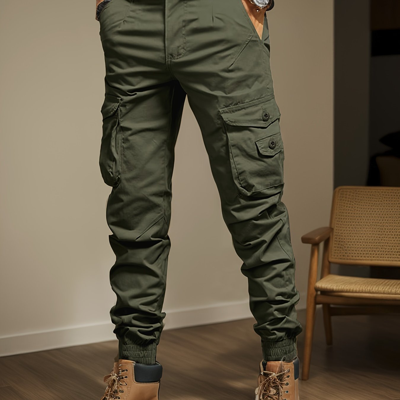 Men's Casual Cargo Pants with Side Flap Pockets - Durable Polyester, Elastic Waistband, Perfect for All Seasons