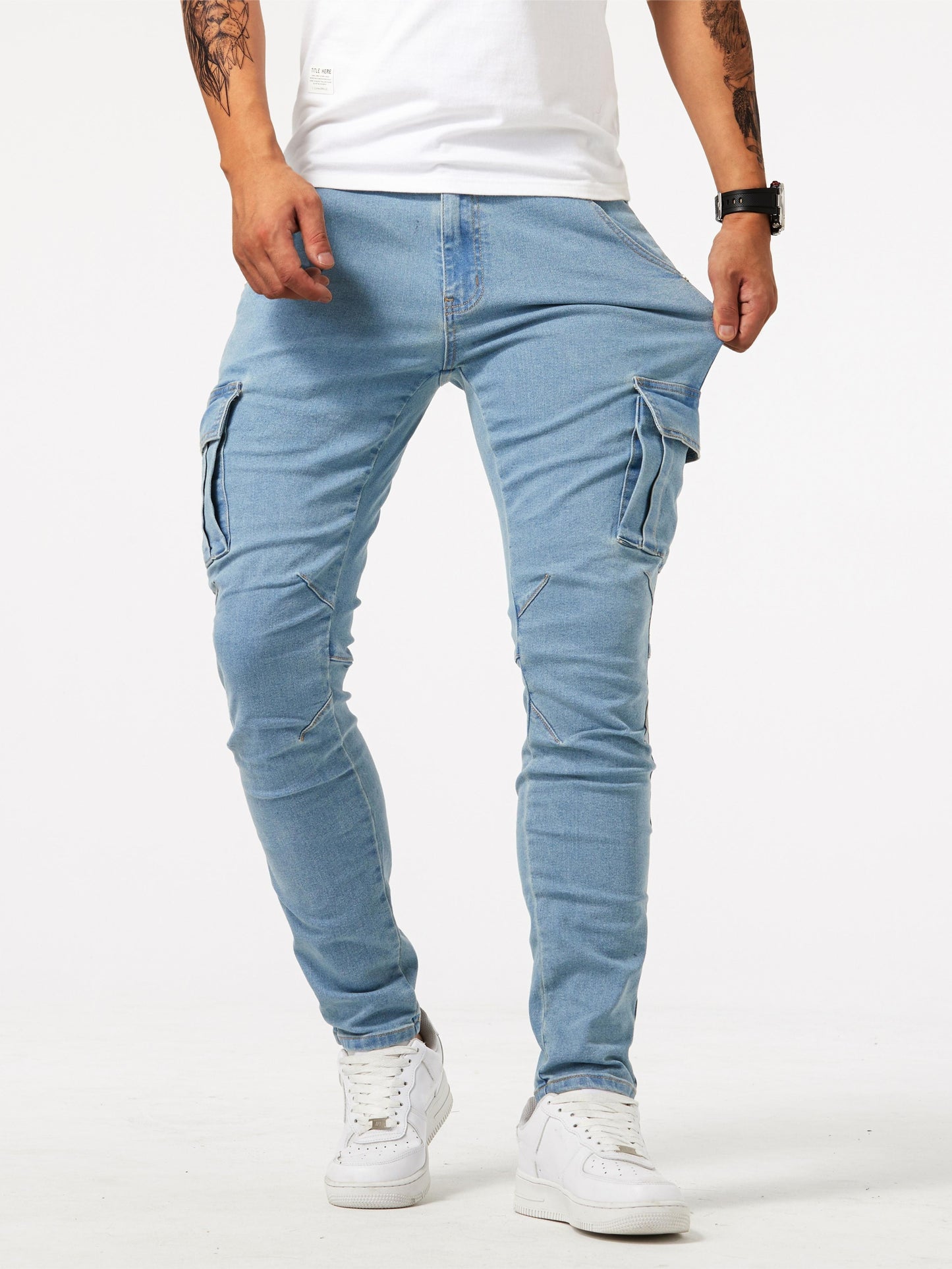 Slim Fit Multi-Pocket Jeans, Men's Casual Street Style High Stretch Denim Pants For All Seasons Outdoor