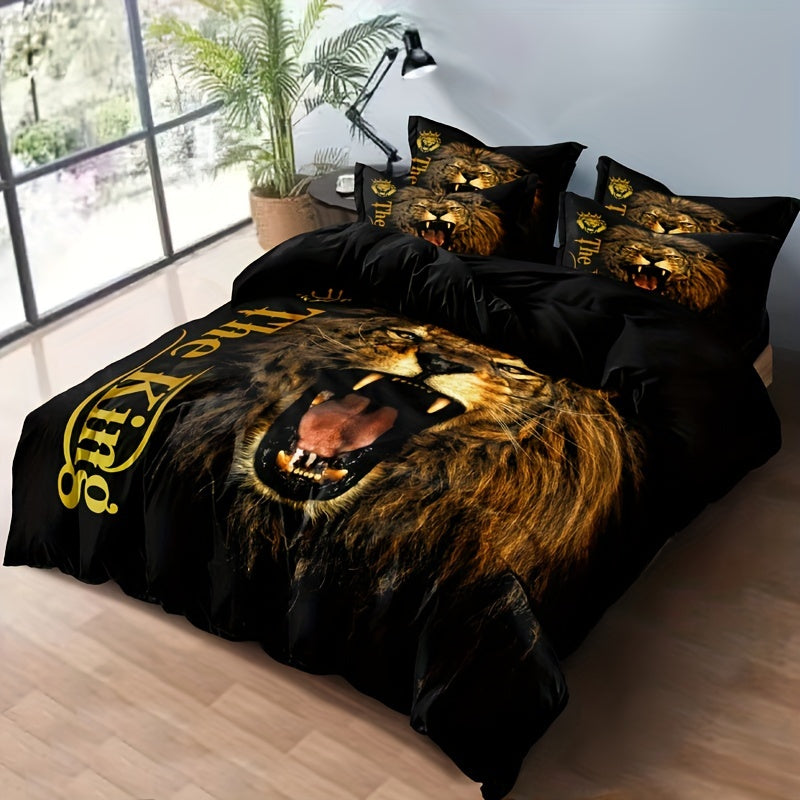 3pcs Lion King Roar Pattern Quilt Cover Set - Soft and Comfortable Bedroom, Guest Room and Dormitory Decor Bedding Set Three-piece Set 1 Quilt Cover + 2 Pillowcases