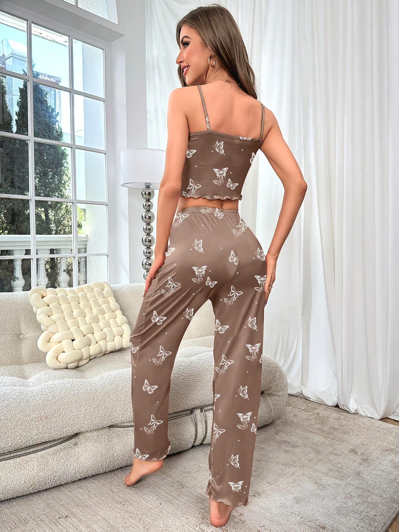 Women's Elegant Butterfly Print Pajama Set with Lettuce-Edge Detail - Maroon Crop Top & Long Pants, Soft Polyester Blend, Machine Washable