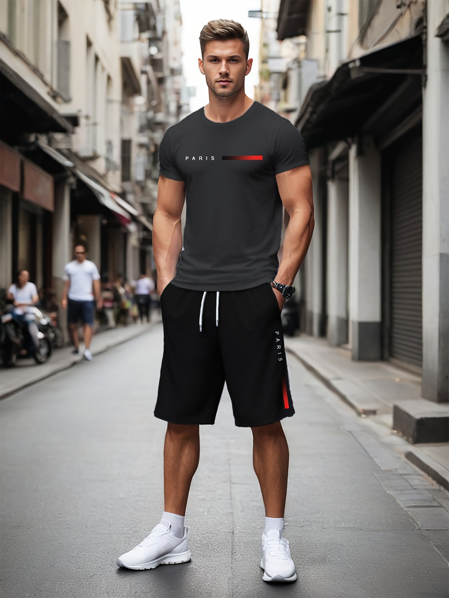 Men'S Summer Sports Workout Set - Crew Neck Short Sleeve T-Shirt & Shorts with "PARIS" Print, Striped Pattern, Knit Fabric, Slight Stretch, Polyester & Spandex Blend, Regular Fit