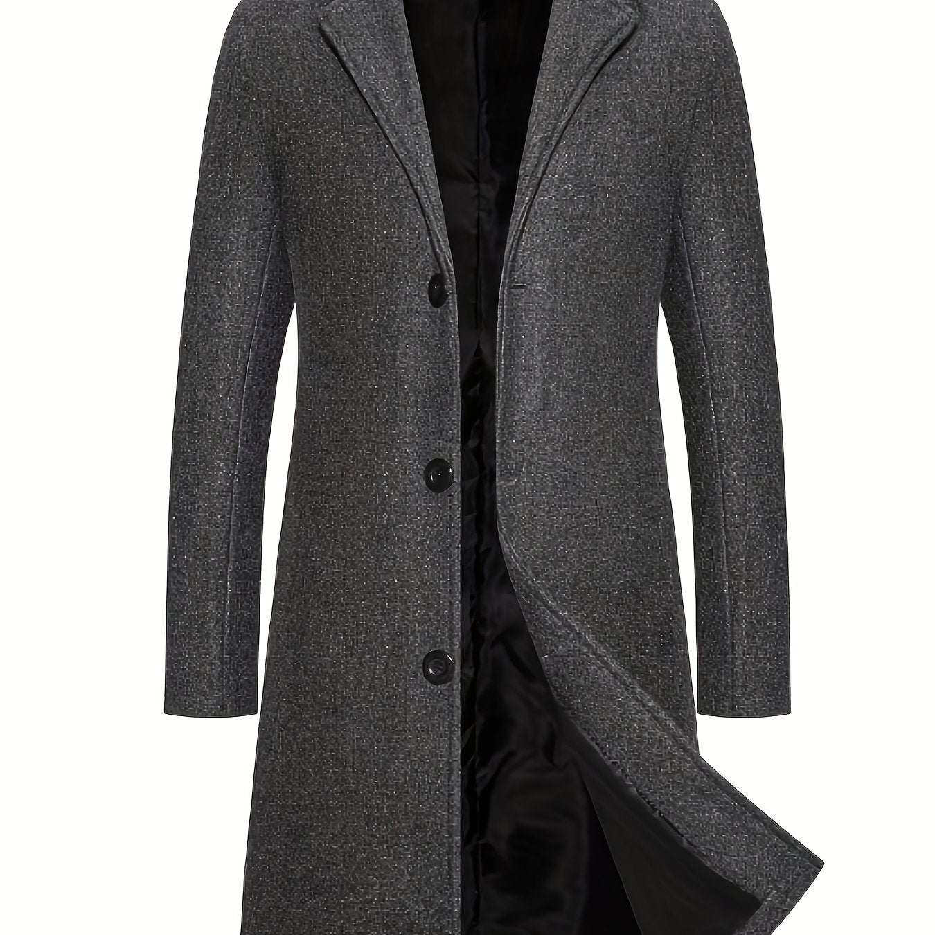 Men's Slim-Fit Mid-Length Trench Coat - Casual Fleece-Blend, Single-Breasted, Solid Black with Pockets, Perfect for Spring & Autumn