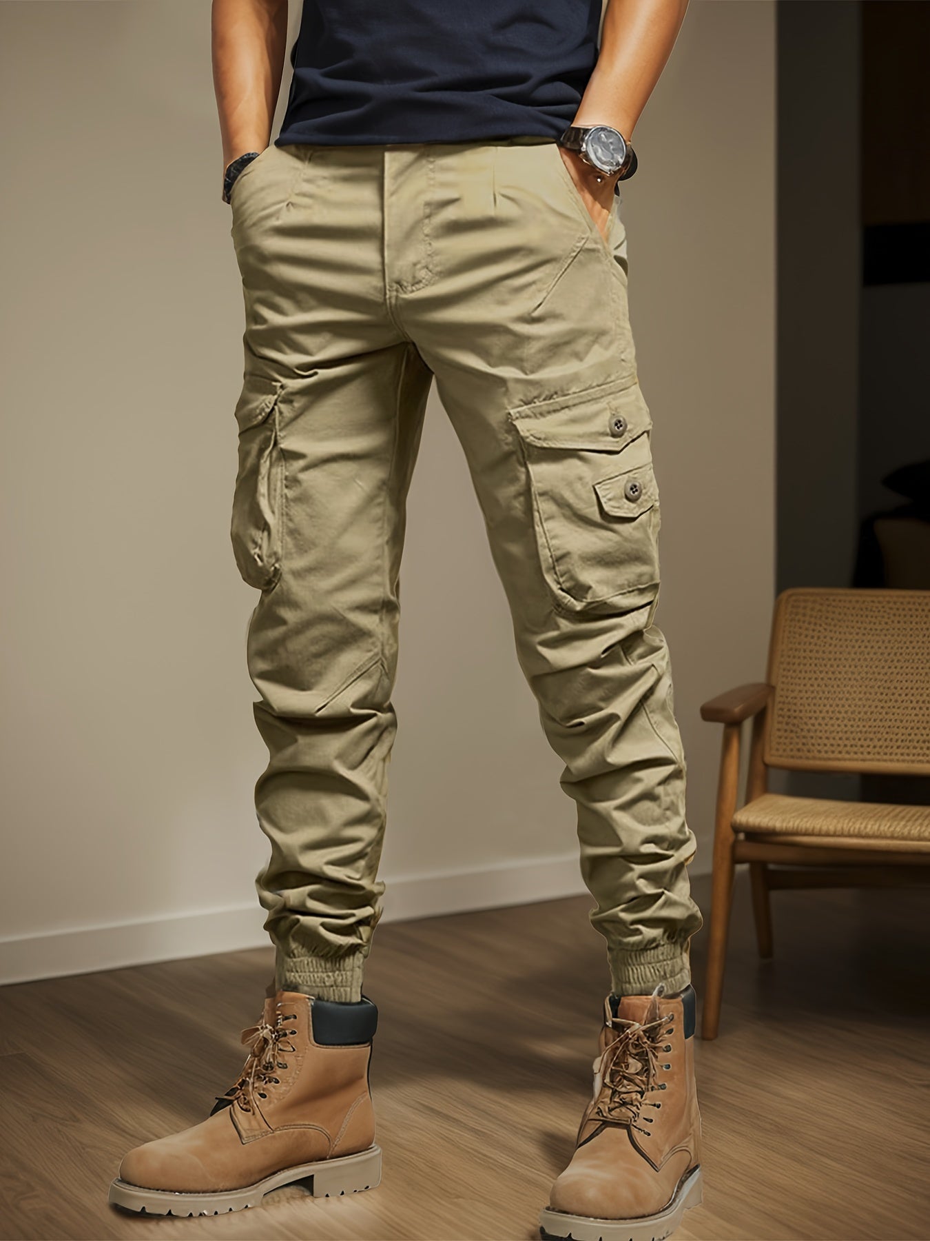 Men's Casual Cargo Pants with Side Flap Pockets - Durable Polyester, Elastic Waistband, Perfect for All Seasons