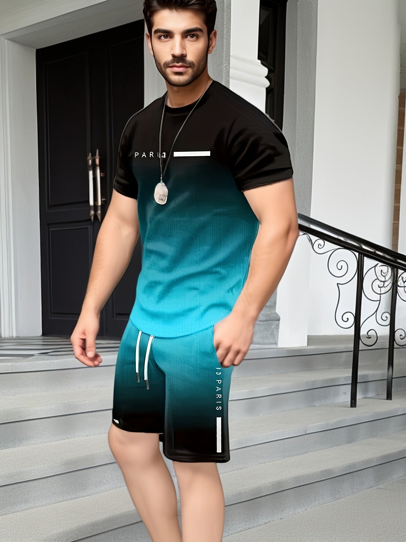 Men'S Summer Sports Workout Set - Crew Neck Short Sleeve T-Shirt & Shorts with "PARIS" Print, Striped Pattern, Knit Fabric, Slight Stretch, Polyester & Spandex Blend, Regular Fit