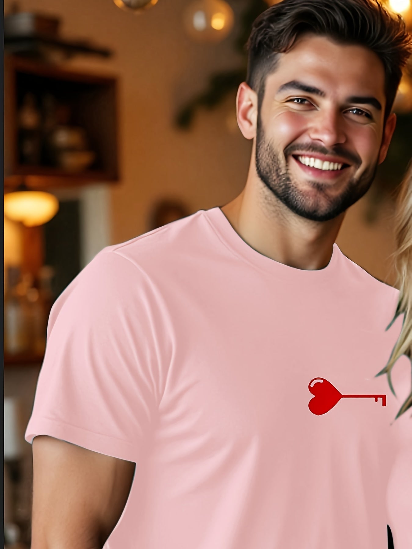 Valentine's Day Matching Couple T-Shirts - Casual Beige with Heart & Key Print, Short Sleeve, Polyester, Machine Washable, Valentine's Day Outfit