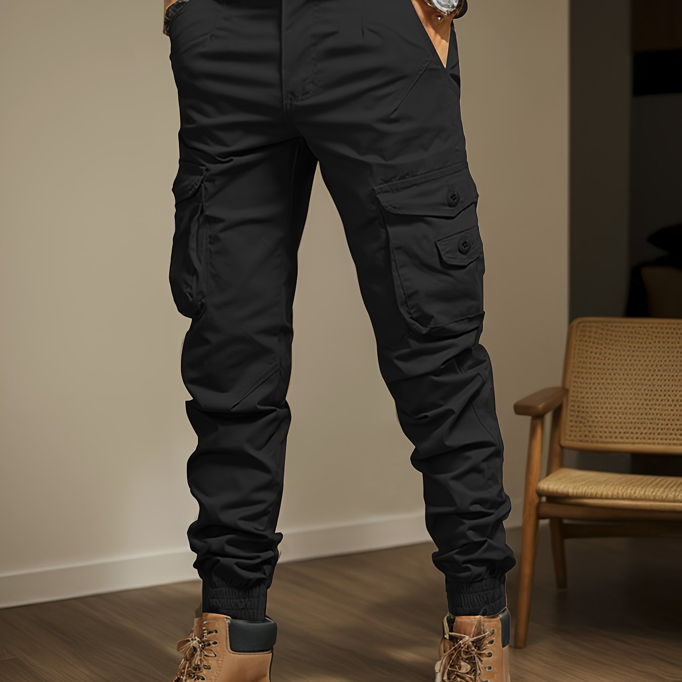 Men's Casual Cargo Pants with Side Flap Pockets - Durable Polyester, Elastic Waistband, Perfect for All Seasons