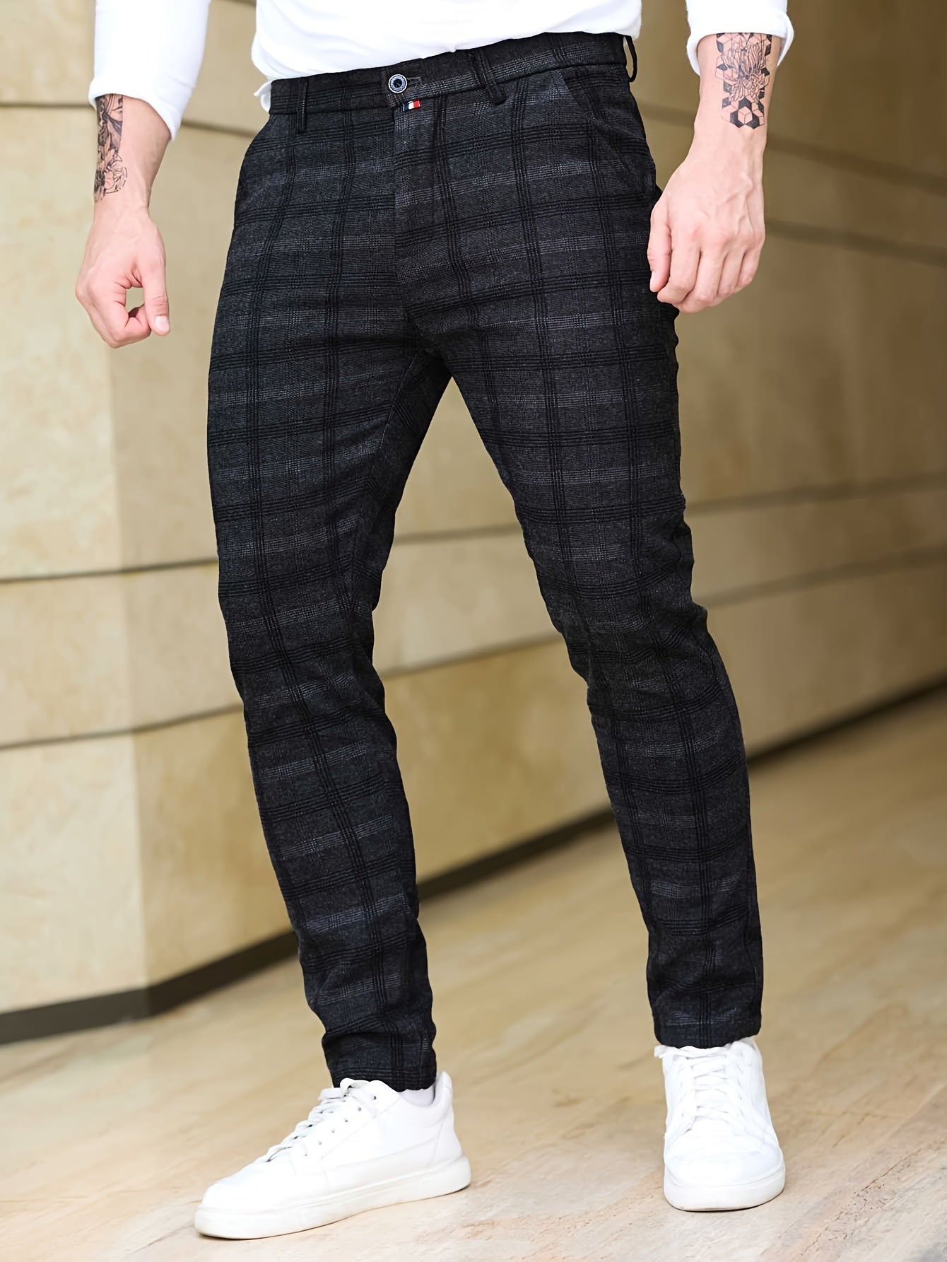 Men's Slim Fit Plaid Casual Pants, Lightweight Business Style, Comfortable Elastic Fabric, All-Season Wear