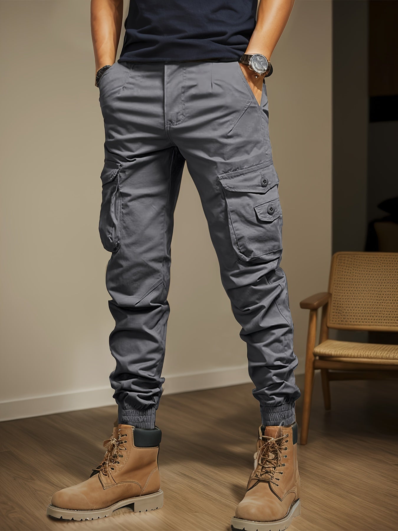 Men's Casual Cargo Pants with Side Flap Pockets - Durable Polyester, Elastic Waistband, Perfect for All Seasons