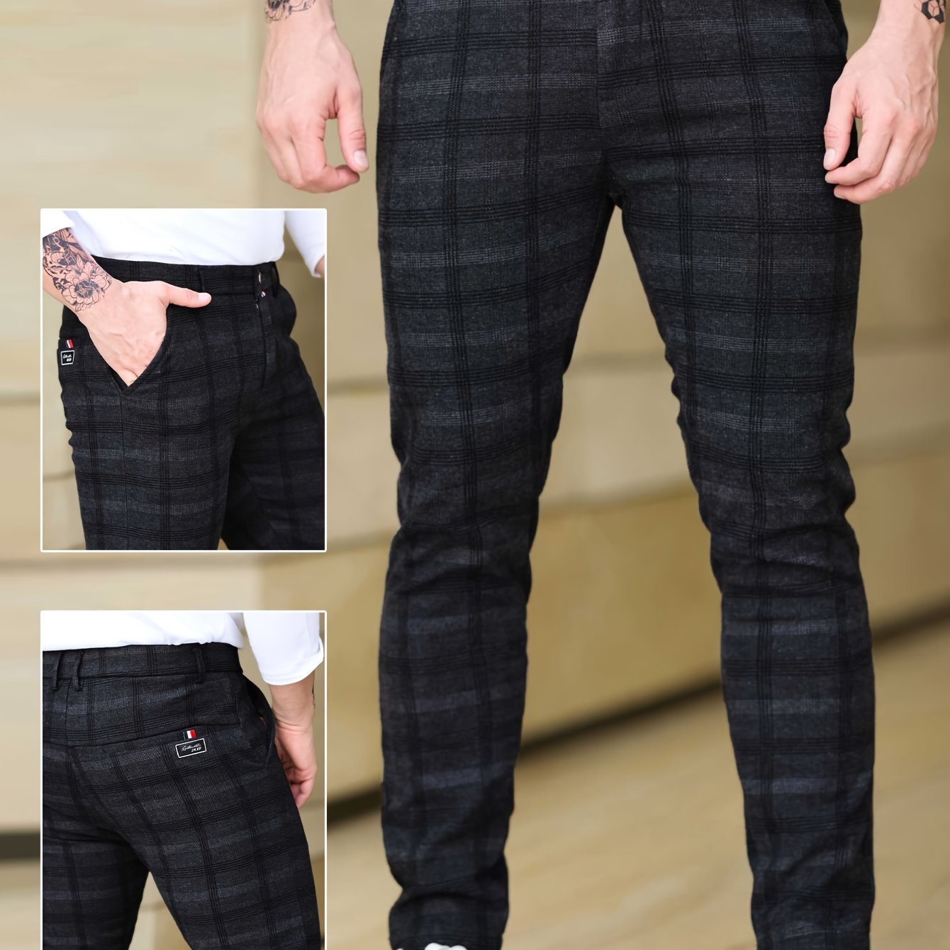 Men's Slim Fit Plaid Casual Pants, Lightweight Business Style, Comfortable Elastic Fabric, All-Season Wear